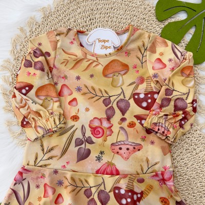 Vestido Manga Longa Cogumelos - Mostarda
